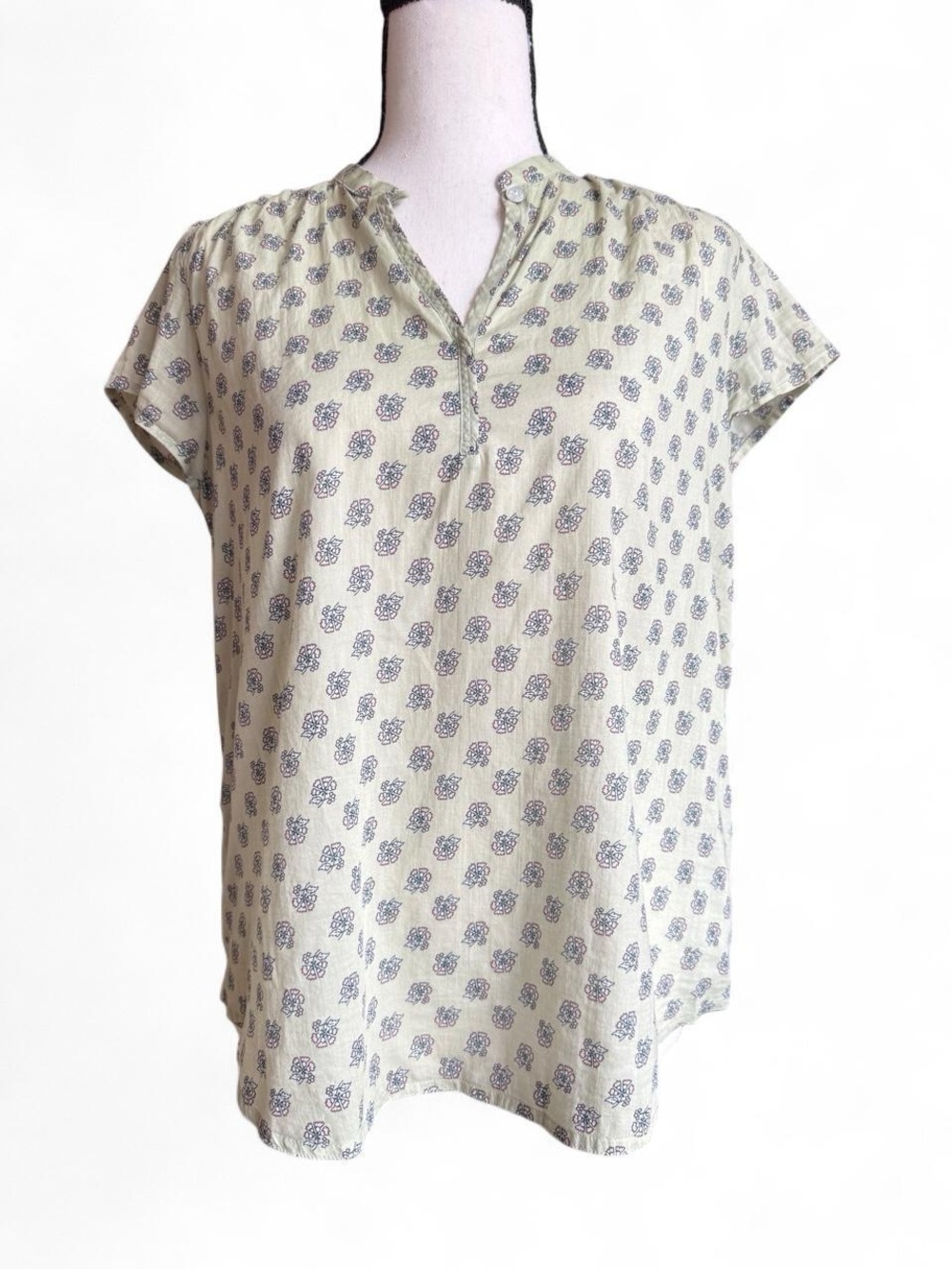 J Jill Sage Green Block Print Cotton Split Neck Peasant Blouse Small